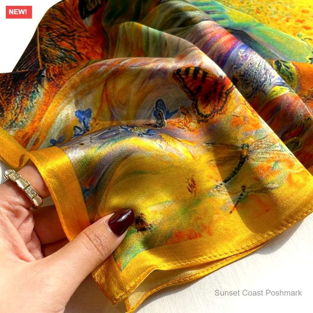 100% Mulberry Silk Scarf Lightweight Elegant Digital Print Square Neckerchief - Picture 2 of 6